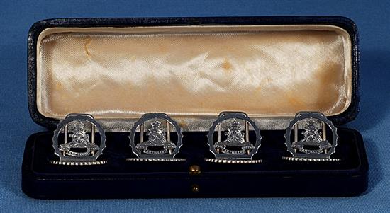 A cased set of four silver The Royal Artillery menu holders, by A. Wilcox, Height 39mm. Weight: 2.6oz/81grms